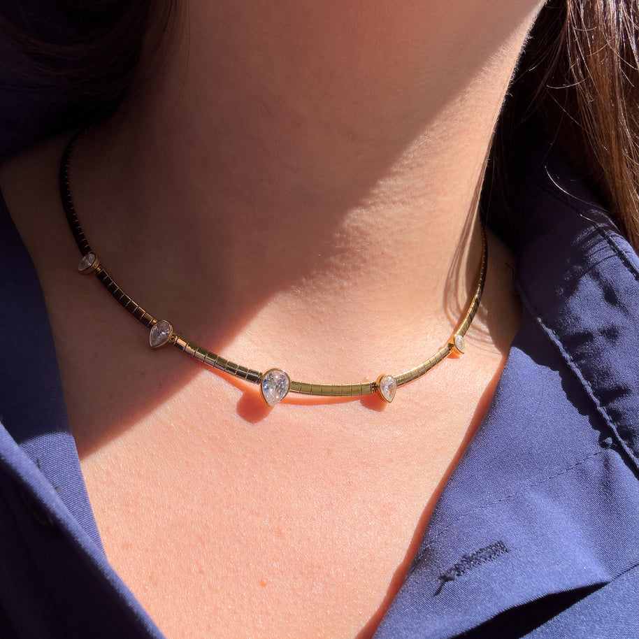 Golden Drop Zircons Choker Steel Necklace