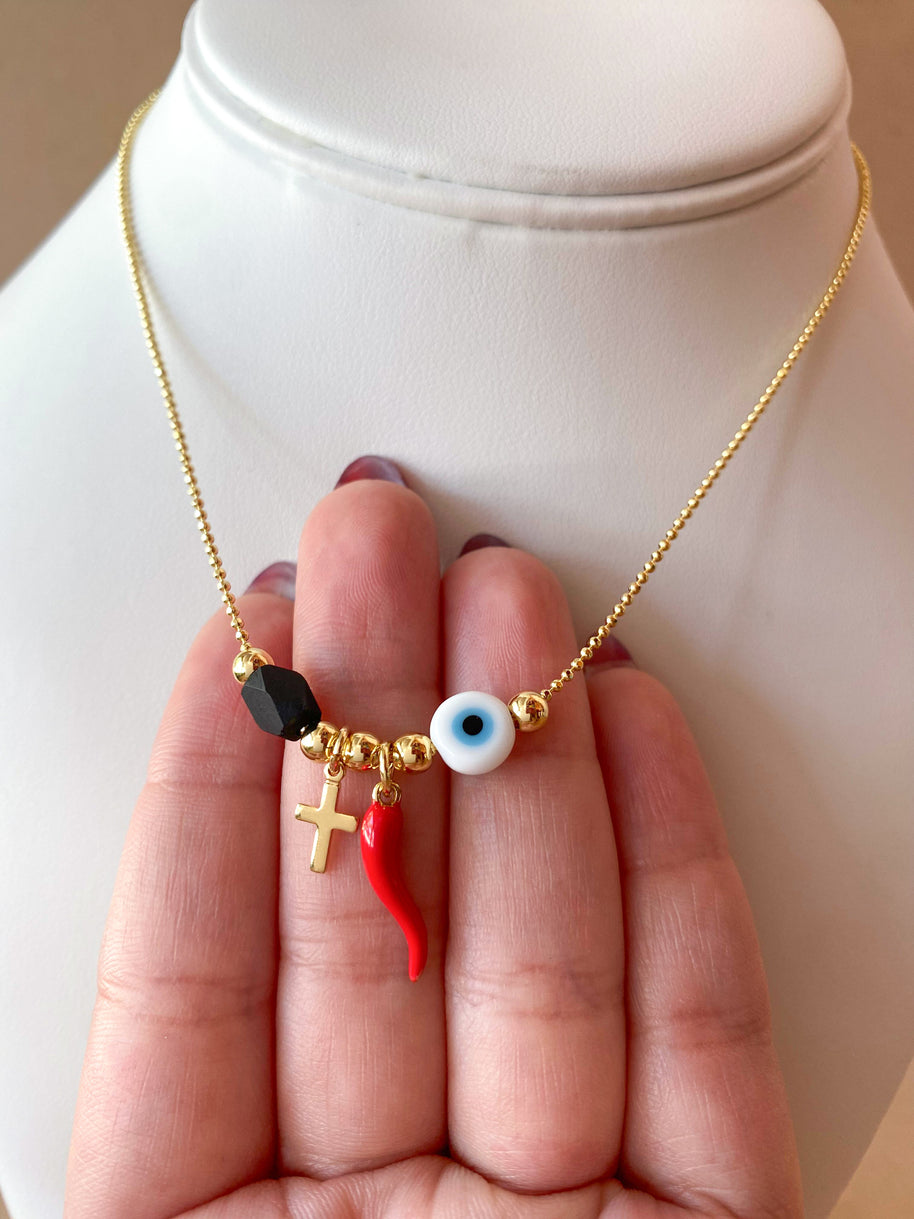 Liitle Cross, Red Horn, Evil Eye and Azabache Style Necklace