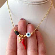 Liitle Cross, Red Horn, Evil Eye and Azabache Style Necklace