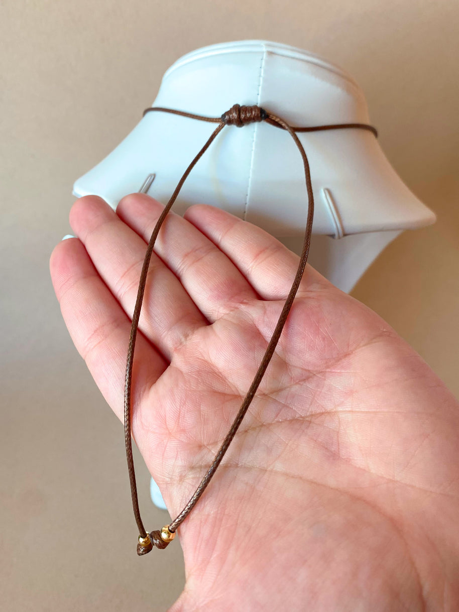 Golden Shiny Medium Heart Brown Leather Adjustable Necklace