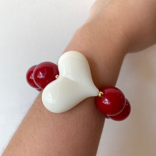 Acrylic Red Wine Gumball Bead with White Heart Bracelet