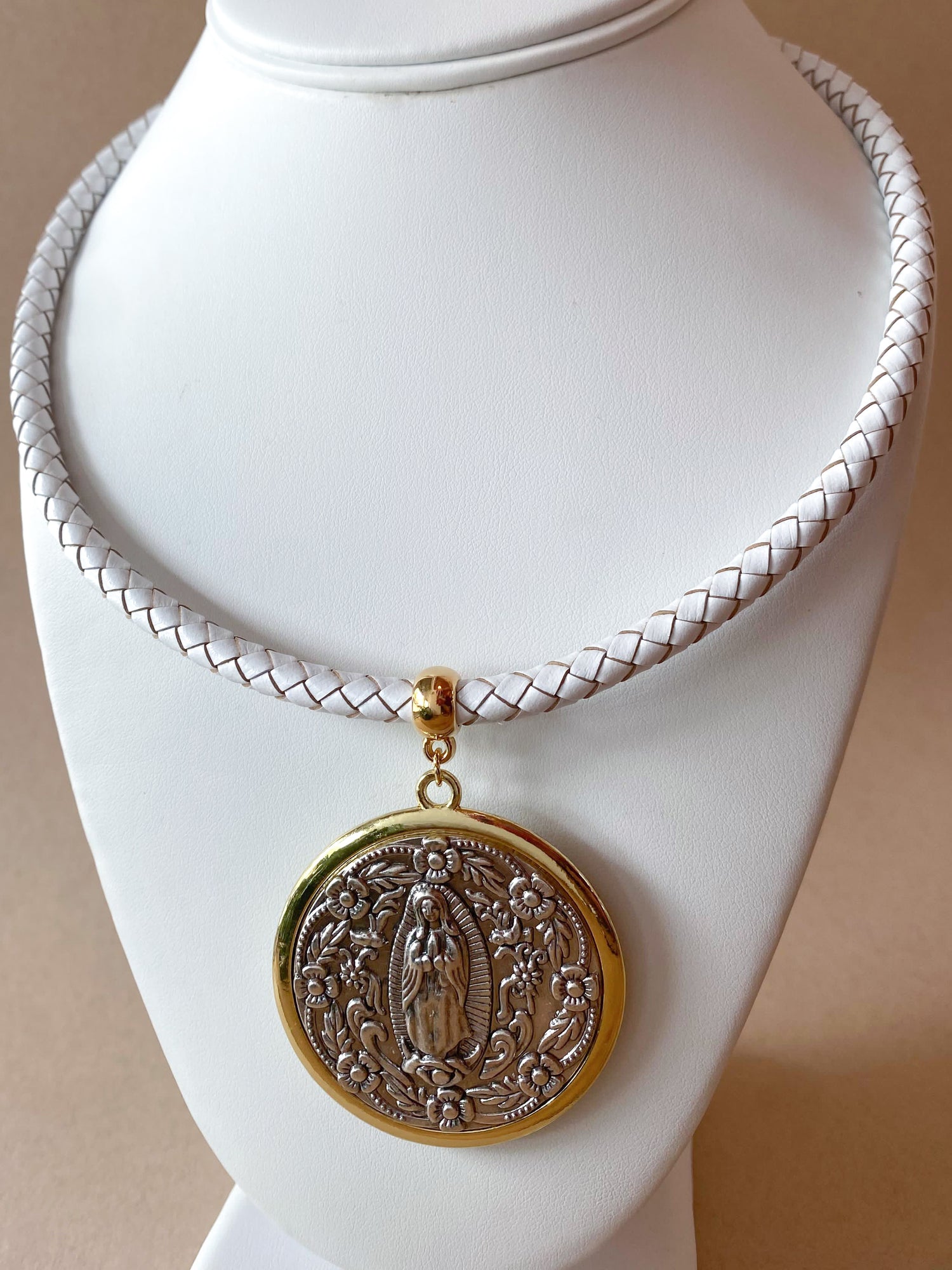 Big Golden & Silver Guadalupe Medal White Necklace