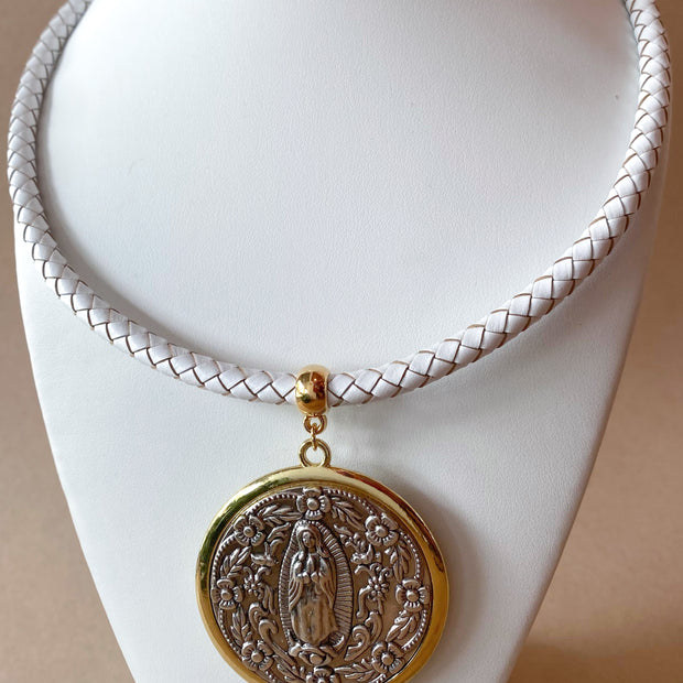 Big Golden & Silver Guadalupe Medal White Necklace