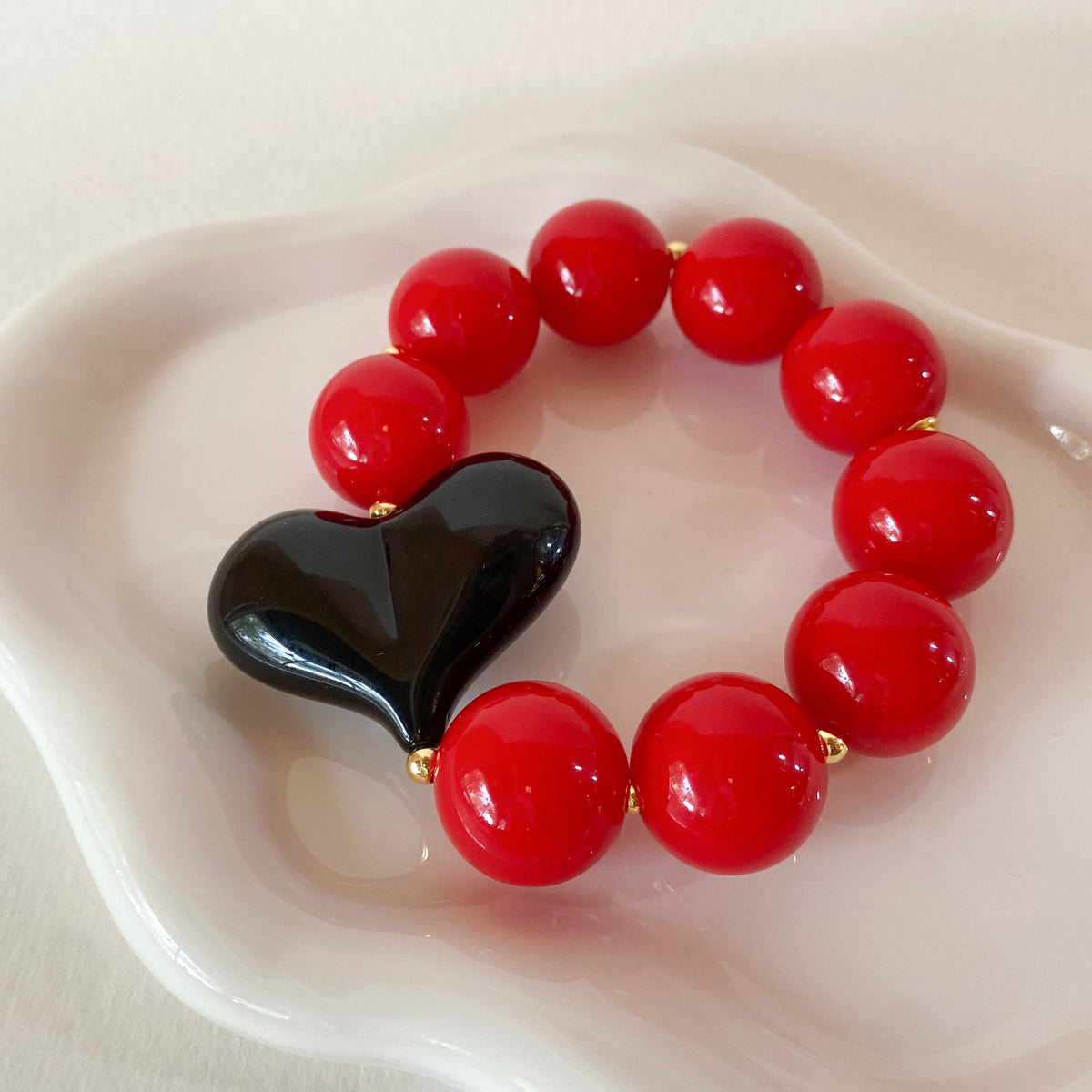 Acrylic Red Gumball Bead with Black Heart Bracelet