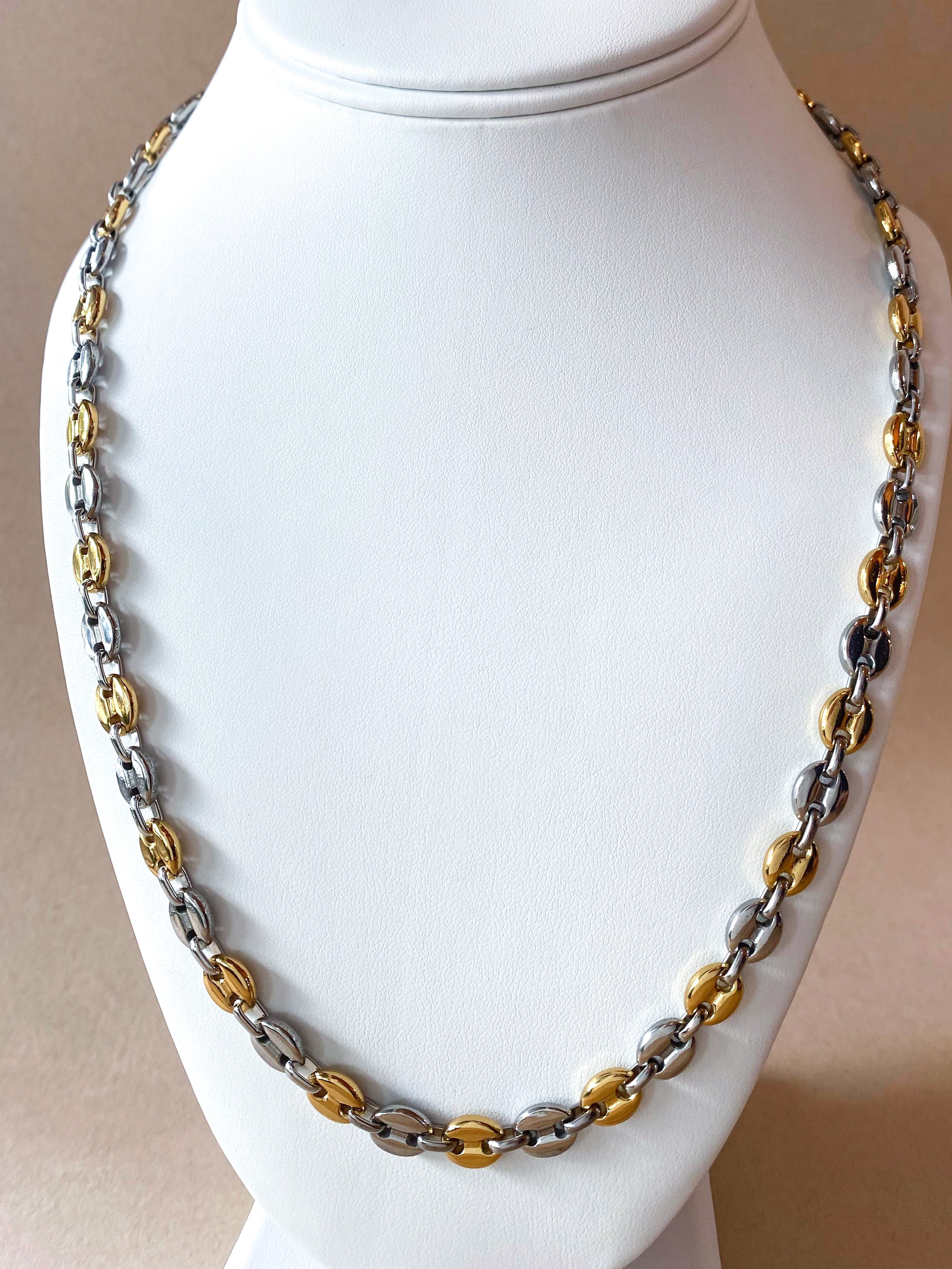 Large Silver & Gold Steel Coffee Grain Necklace