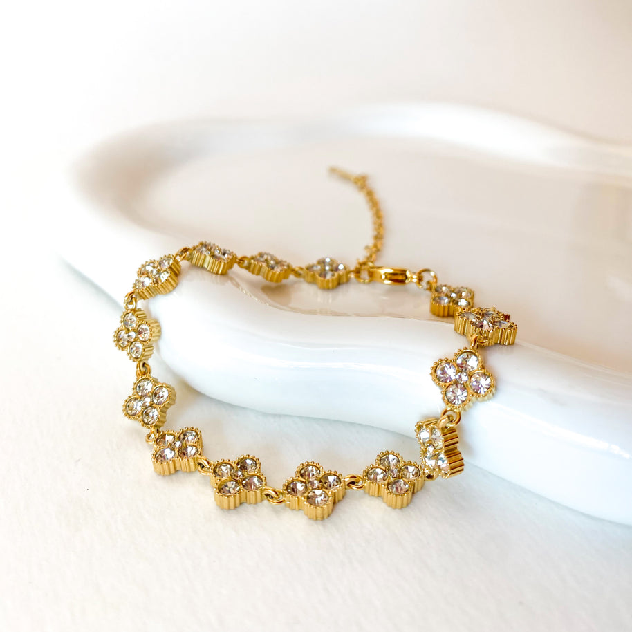 Shiny Zircon Clear Clovers Steel Bracelet