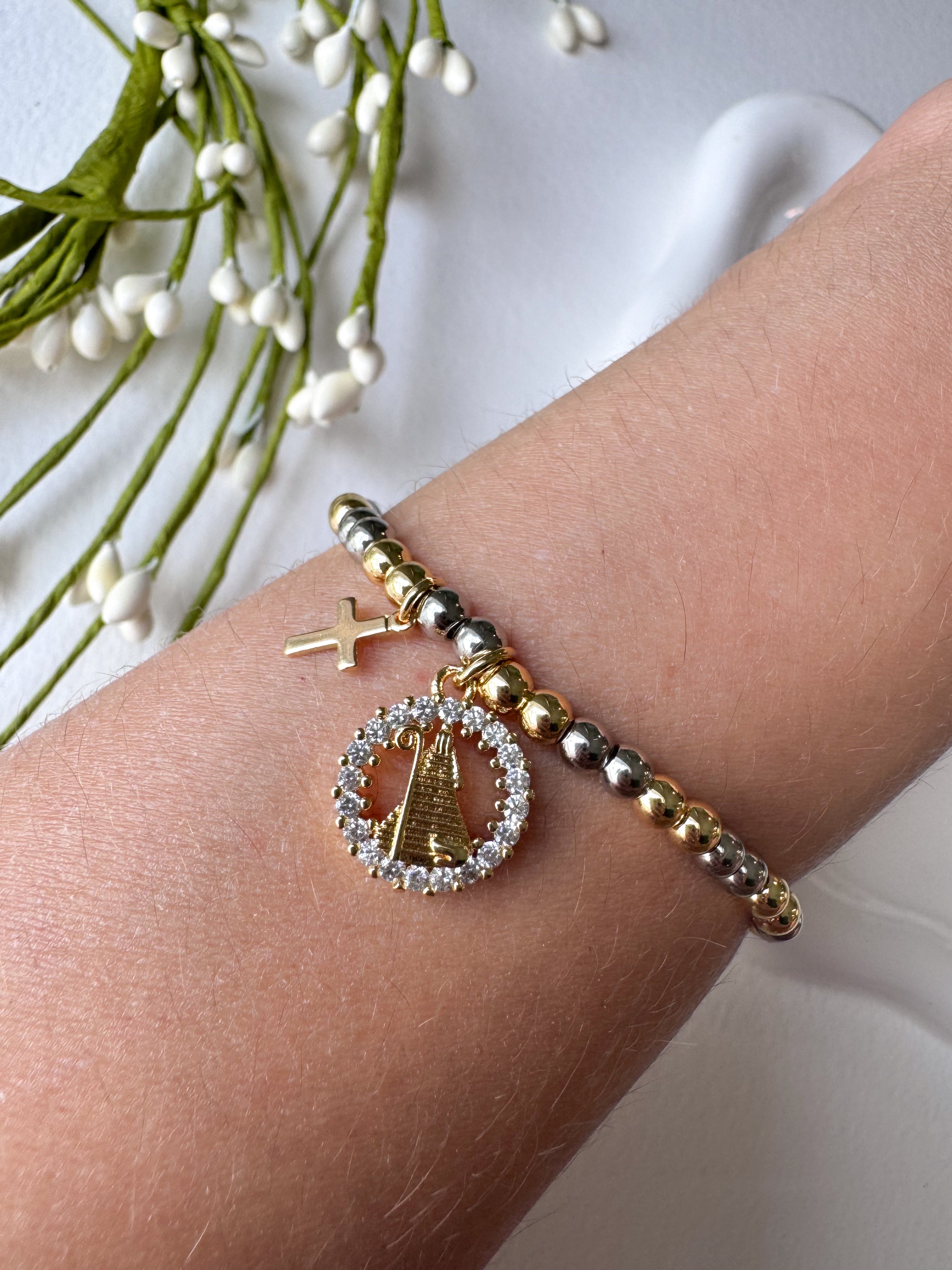 2 Gold Cross & Virgin Crystal Medal Elastic Bracelet