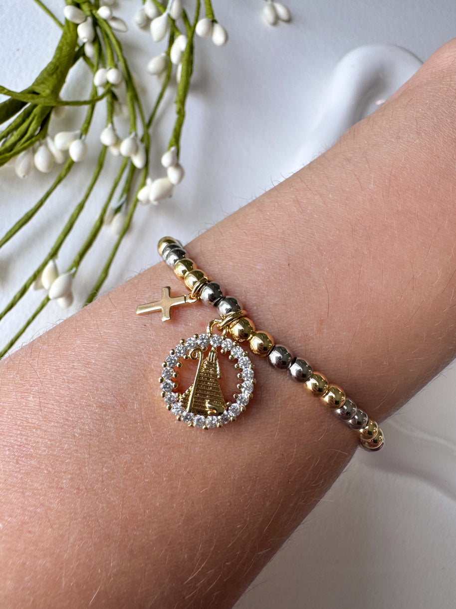 2 Gold Cross & Virgin Crystal Medal Elastic Bracelet