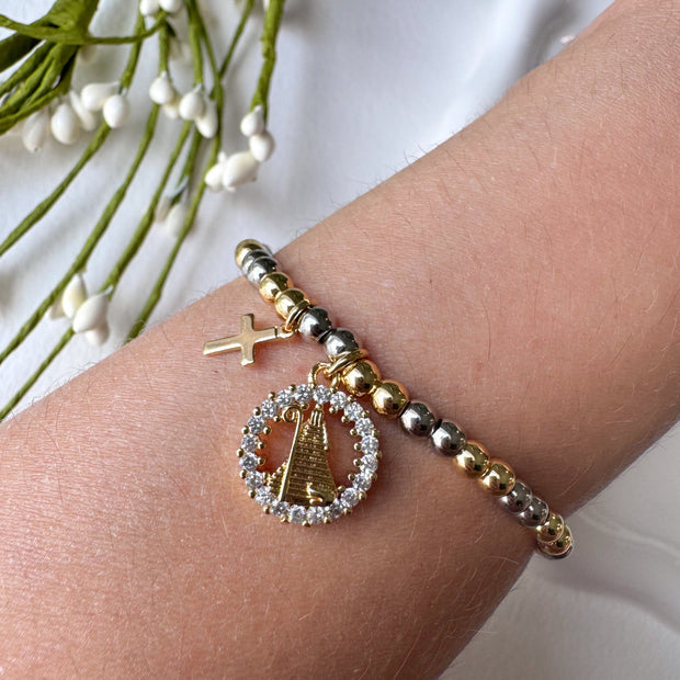 2 Gold Cross & Virgin Crystal Medal Elastic Bracelet