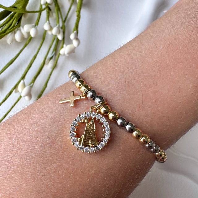 2 Gold Cross & Virgin Crystal Medal Elastic Bracelet