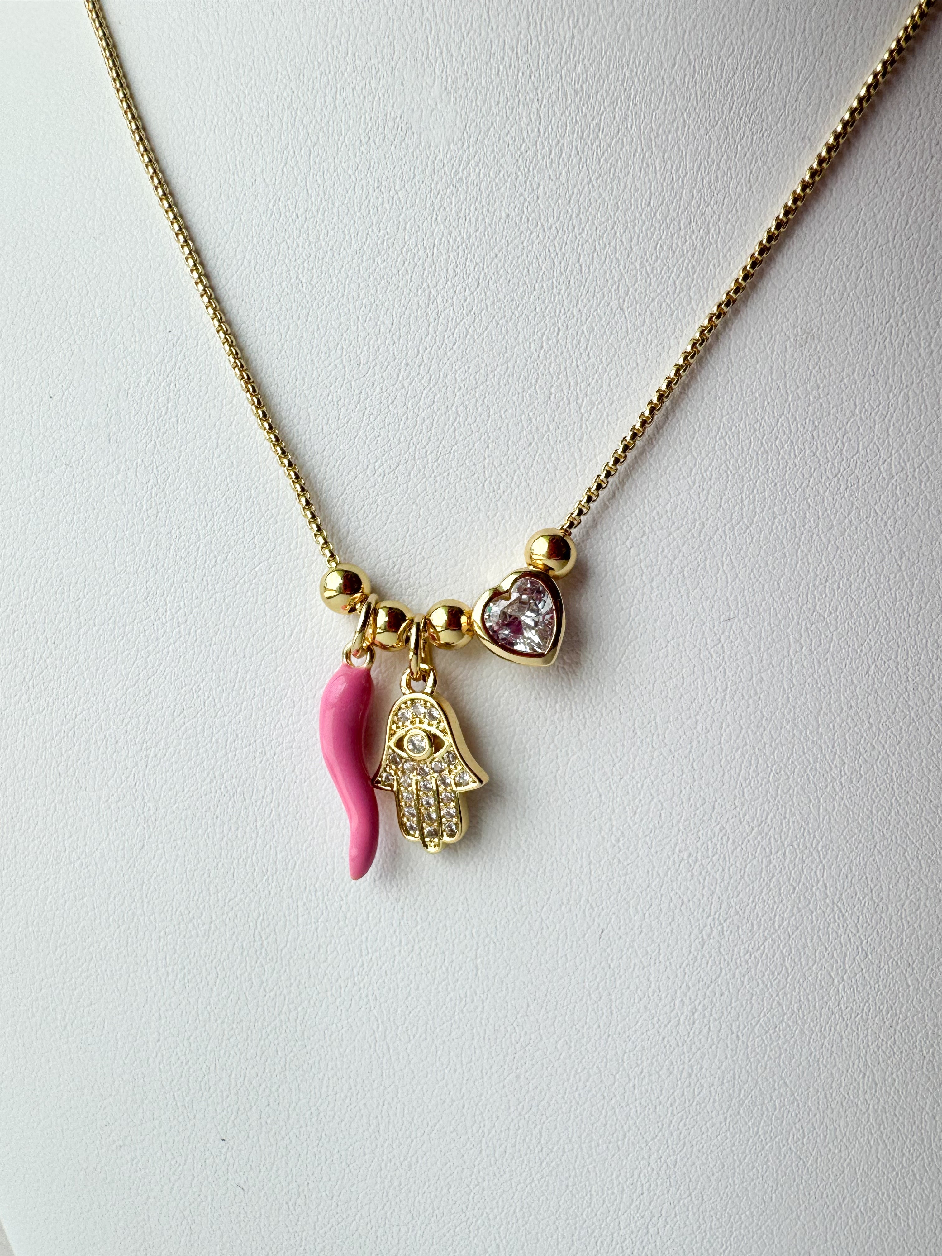Pink Hamsa 🪬 Charms Necklace