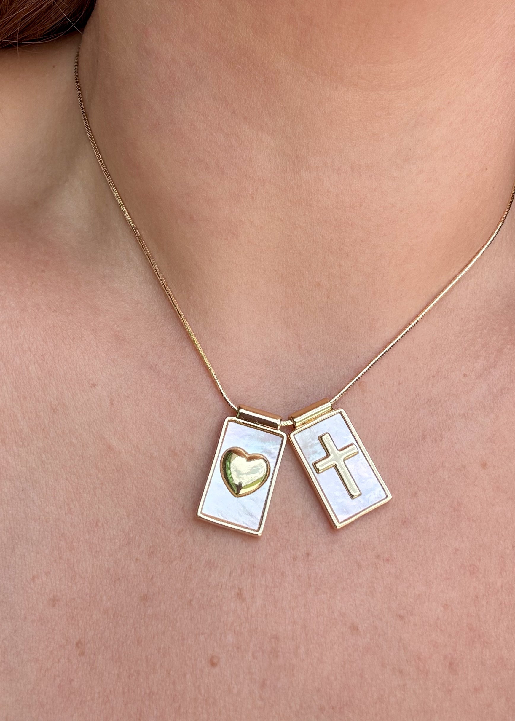 Cross and Heart Mother of Pearl Scapular Adjustable Necklace
