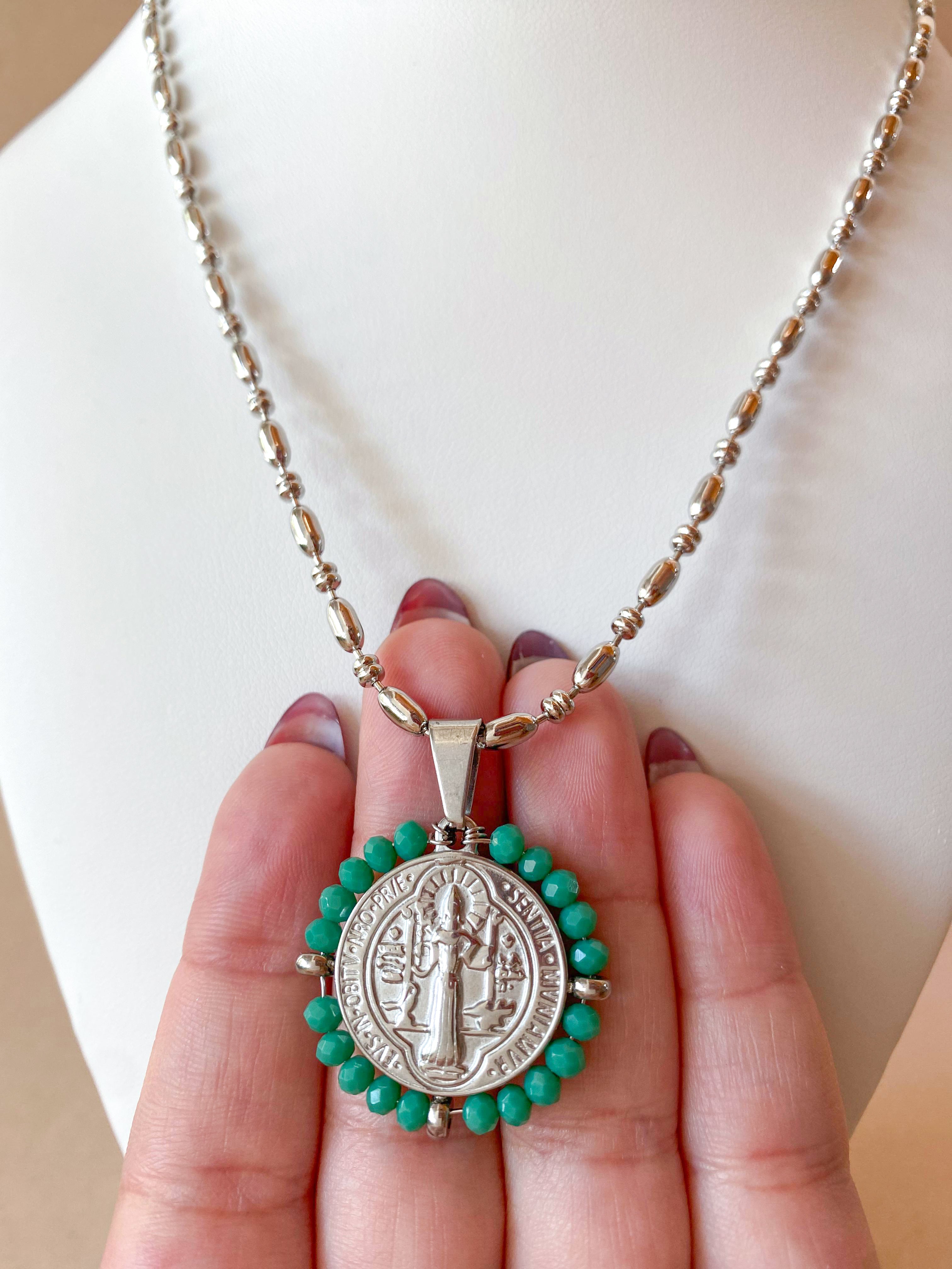 Silver St. Benedict Crystal Medal Necklaces