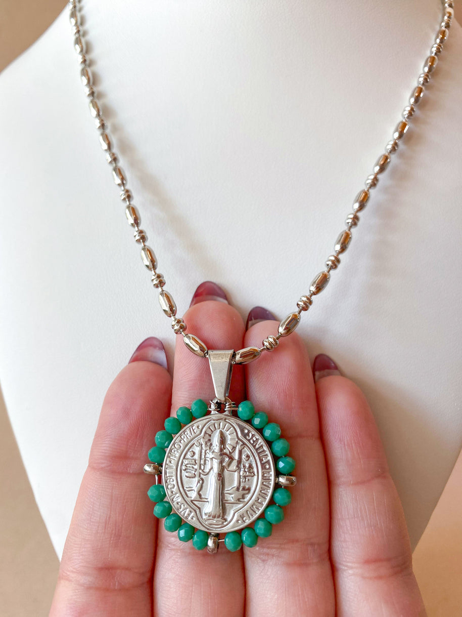 Silver St. Benedict Crystal Medal Necklaces