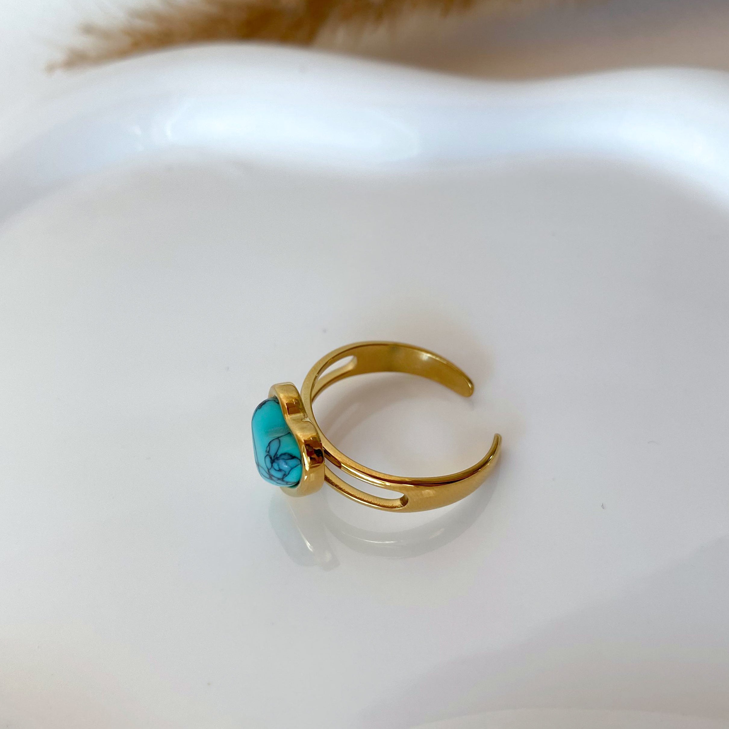 Turquoise Heart Golden Steel Adjustable Ring