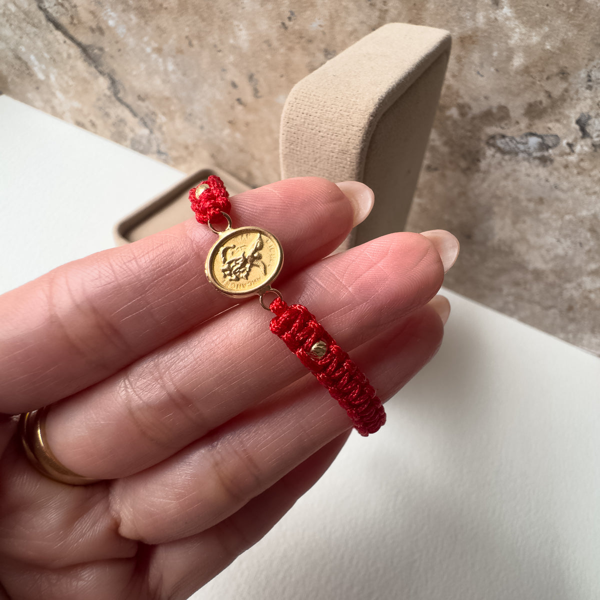St. Miguel 18K Solid Gold Medal in Red String Bracelet