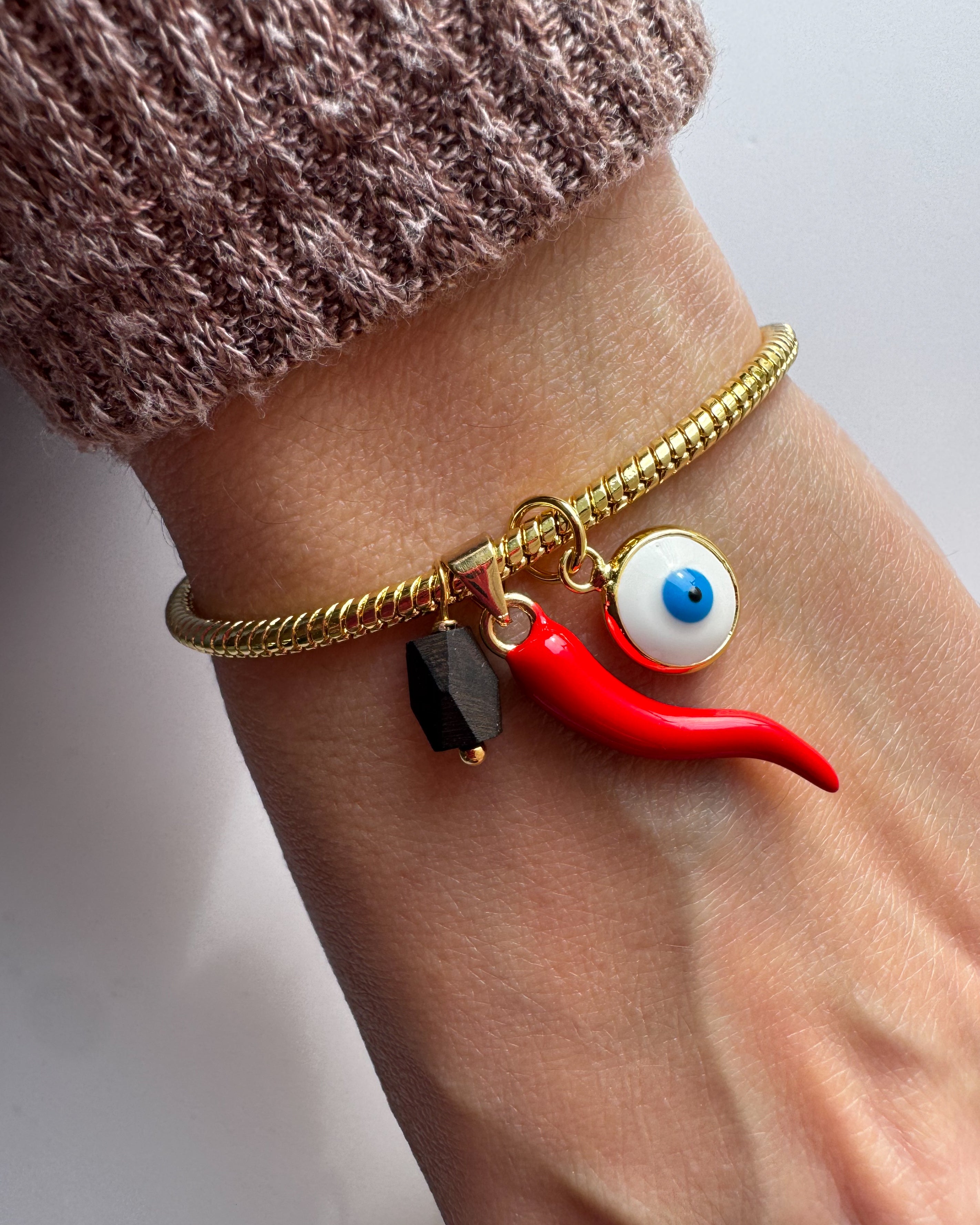 Red Horn + Azabache + Evil Eye Charms Bracelet