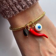 Red Horn + Azabache + Evil Eye Charms Bracelet