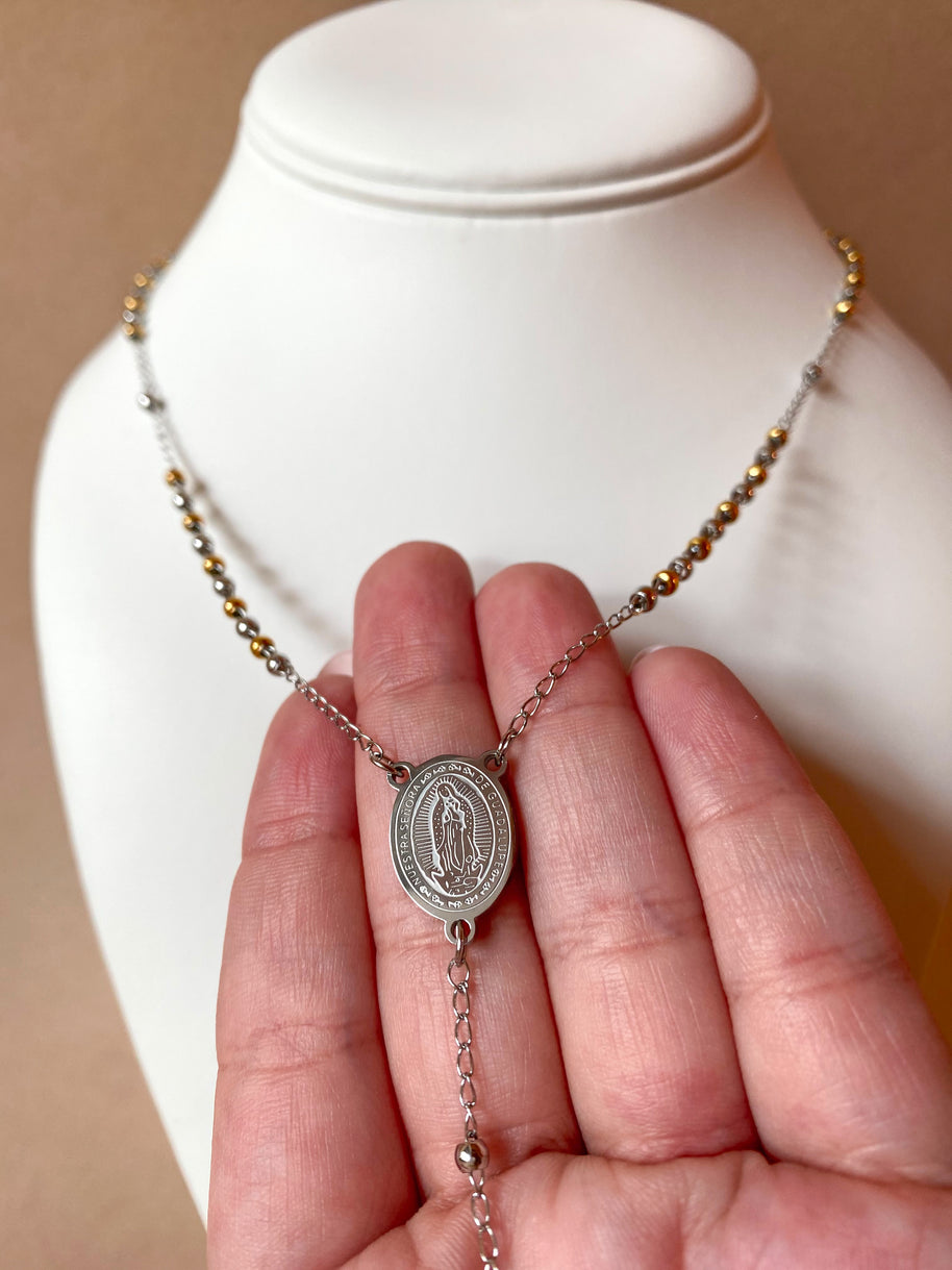 Guadalupe Virgin Medal 2 Gold Steel Rosary Necklace