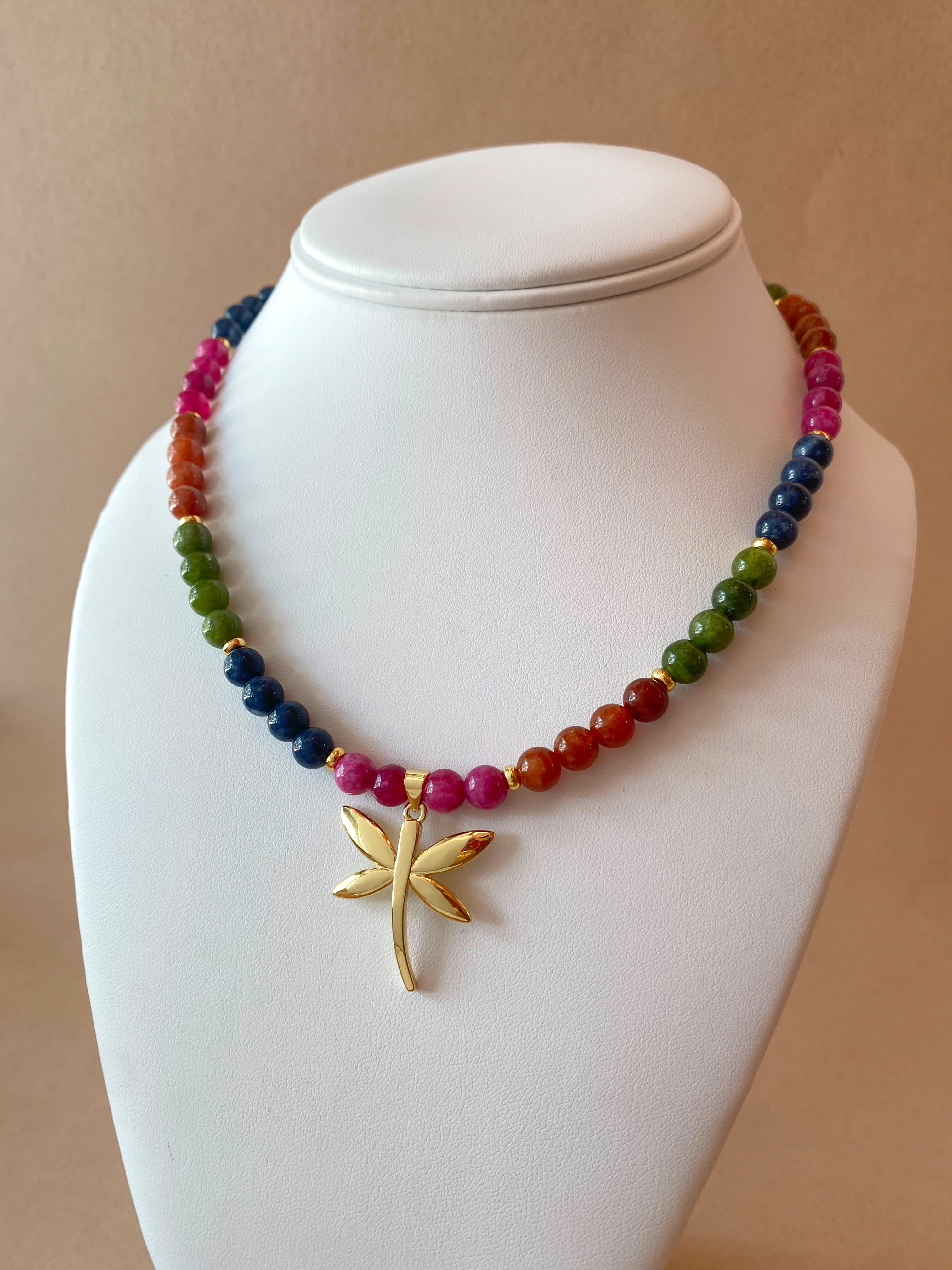 Multicolor Gems Beads Golden Dragonfly Necklace