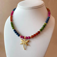 Multicolor Gems Beads Golden Dragonfly Necklace