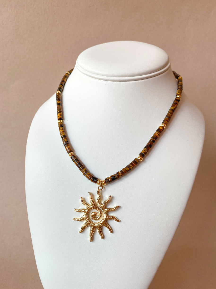 Tiger Eye Gemstone Big Sun Necklace