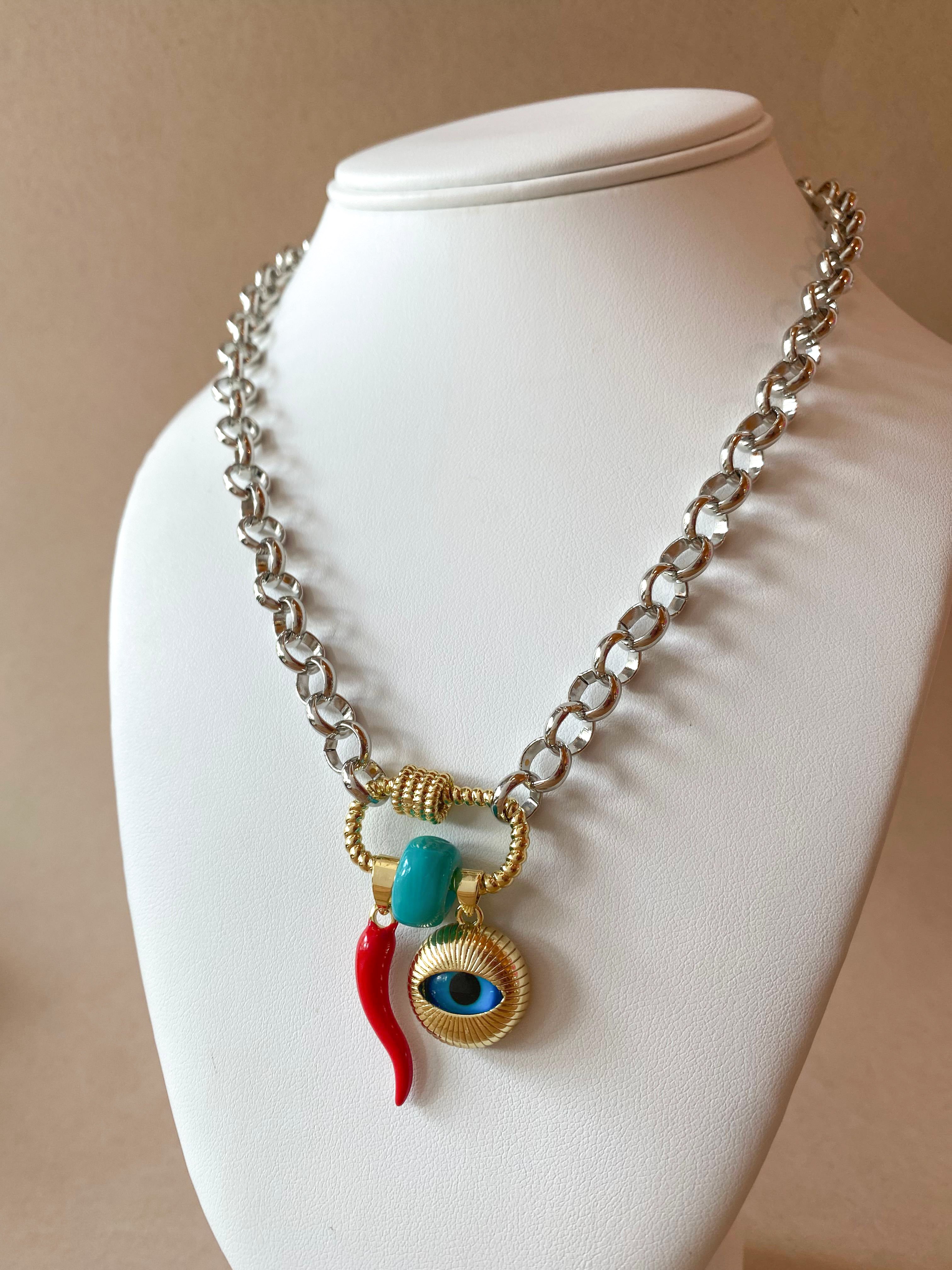 Silver and Gold Links Style Evil Eye, Horn and Turkish Stone Necklace