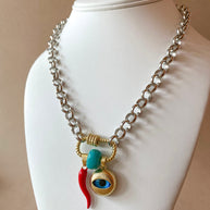 Silver and Gold Links Style Evil Eye, Horn and Turkish Stone Necklace