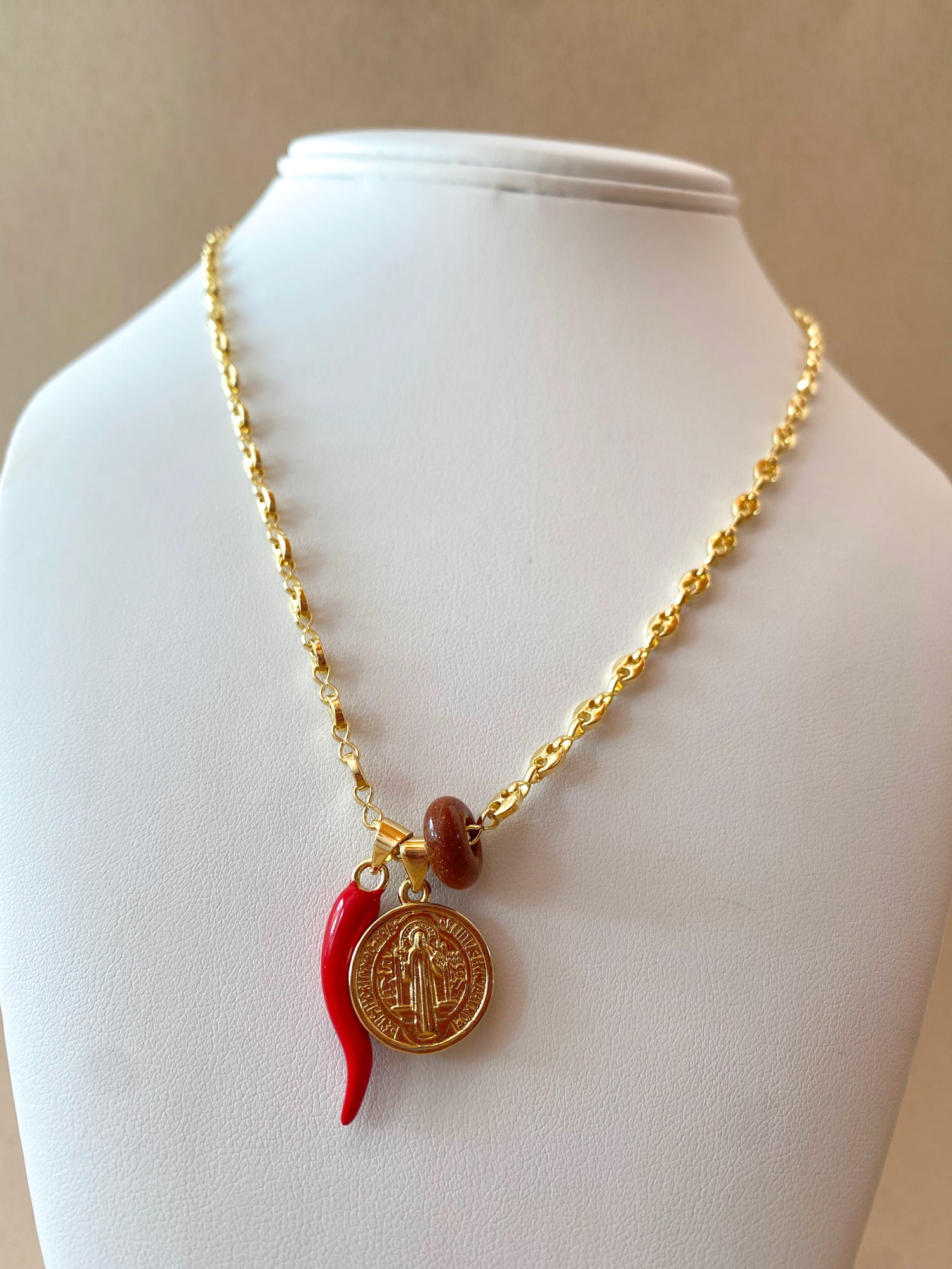 St. Benedict Medal, Red Horn & Brown Turkish Stone in Little Coffee Grain Necklace