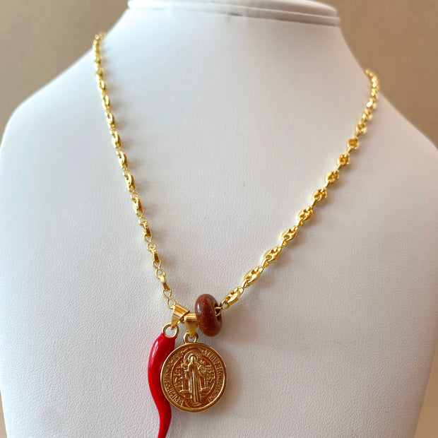 St. Benedict Medal, Red Horn & Brown Turkish Stone in Little Coffee Grain Necklace