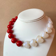 Red and White Shiny Ceramic Hearts and Balls Pattern Necklace
