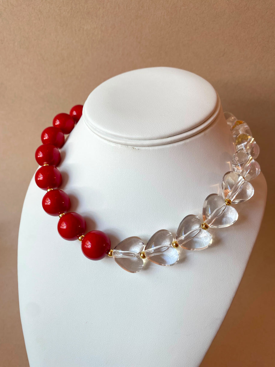 Red & Clear Ceramic Balls and Hearts Pattern Necklace
