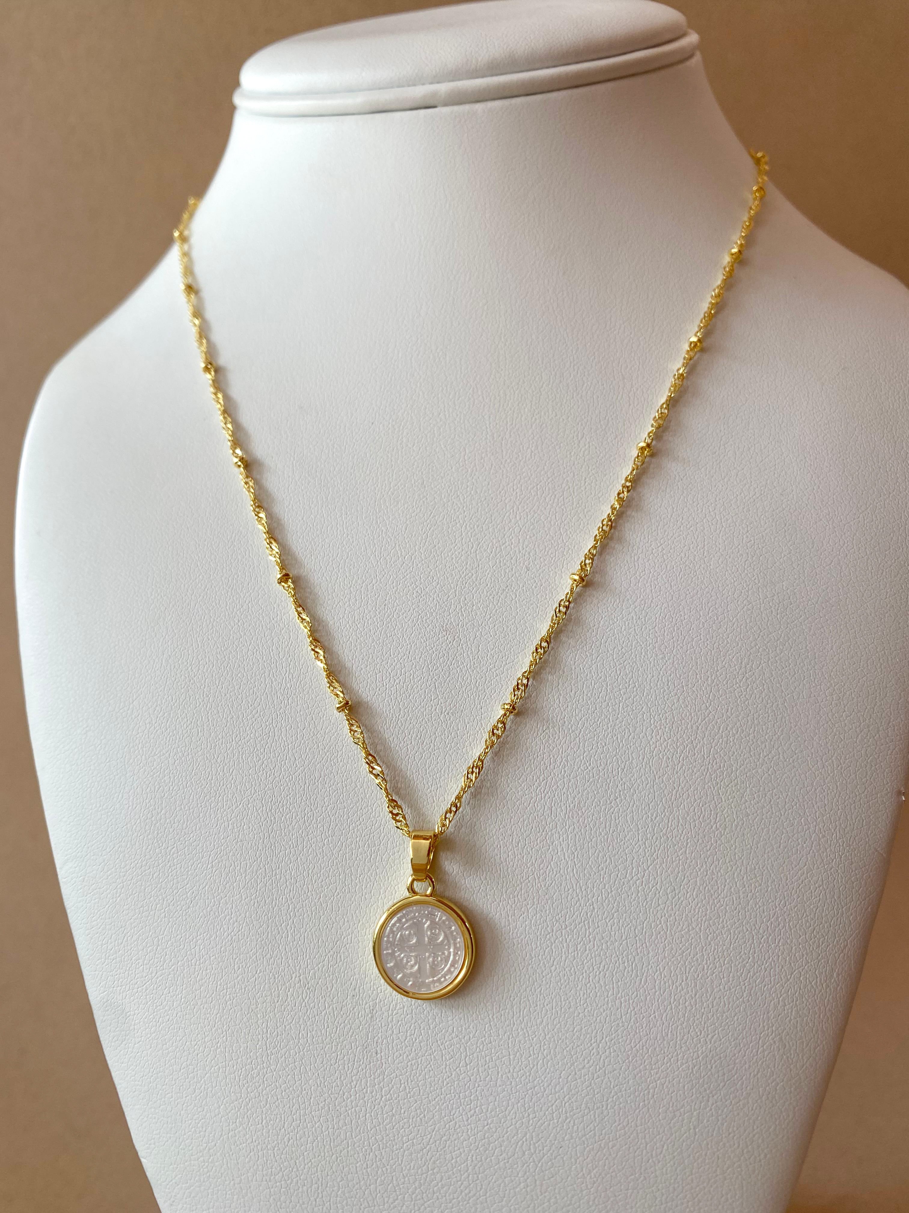 St. Benedict Medal Mother of Pearl Necklace