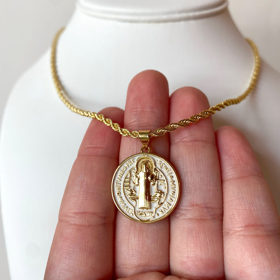 White and Gold St Benedict Rope Style Necklace