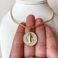 White and Gold St Benedict Rope Style Necklace