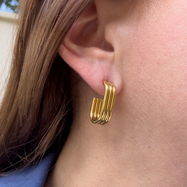 Triple Lines Medium Bar Golden Steel Earrings