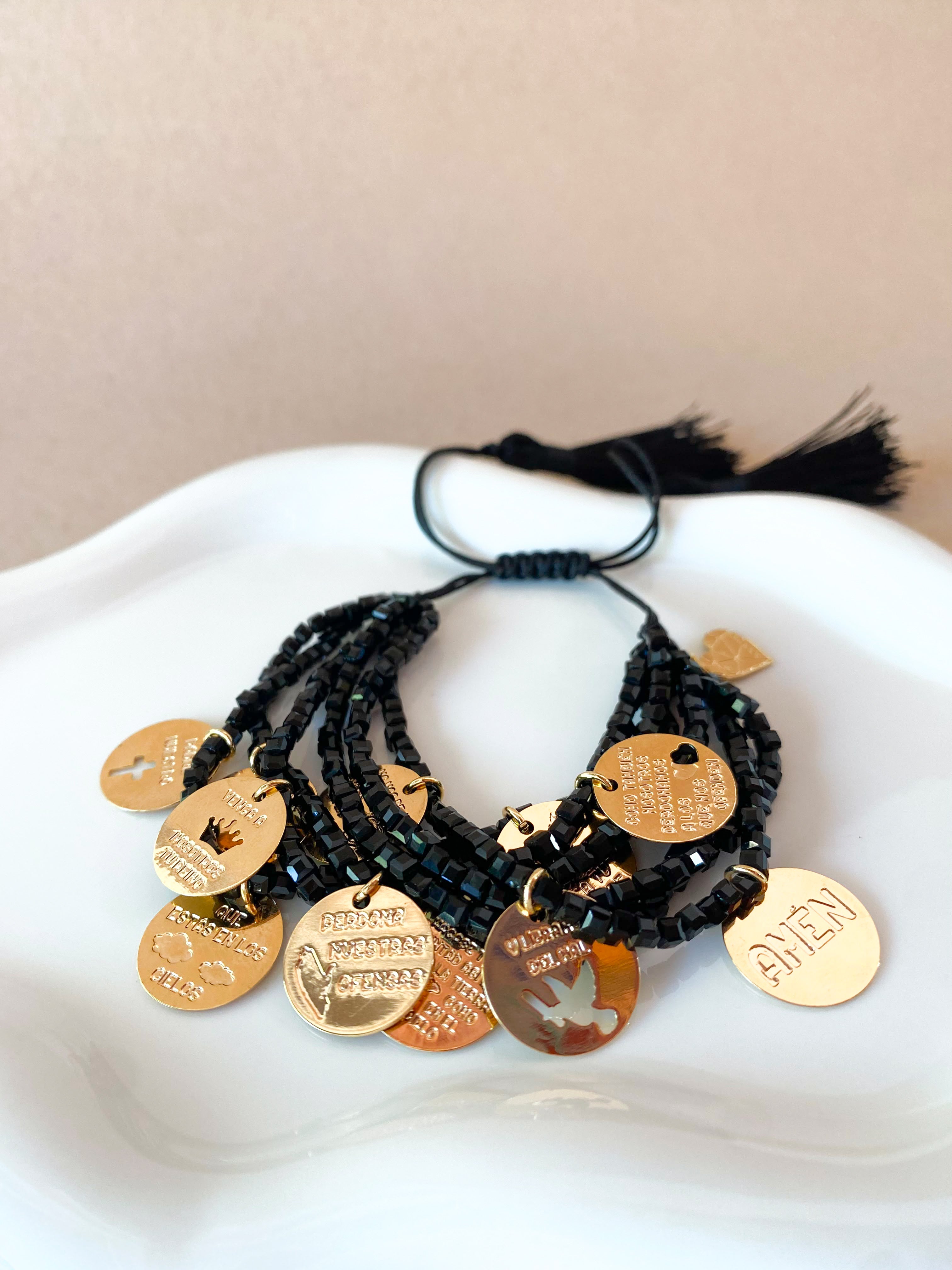 Our Father Prayer Charms Black Adjustable Bracelet
