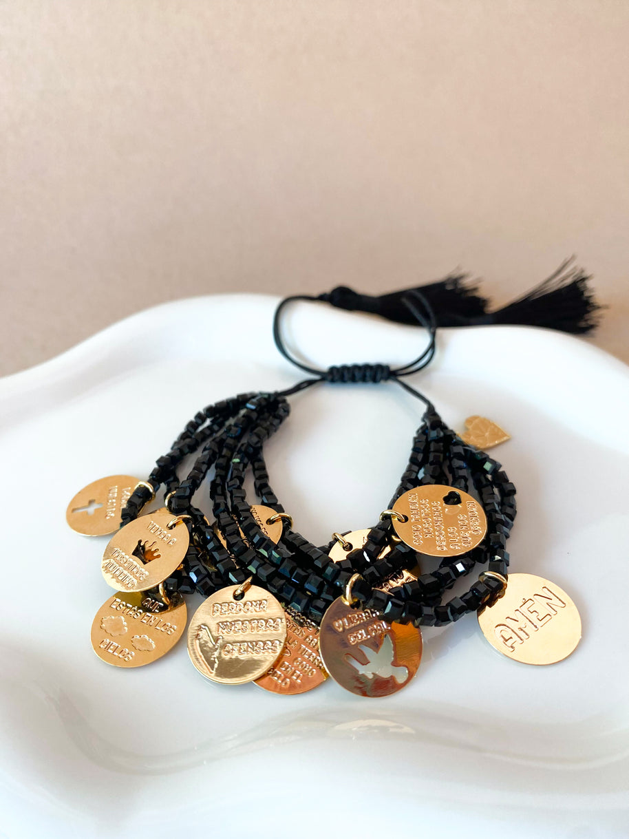 Our Father Prayer Charms Black Adjustable Bracelet