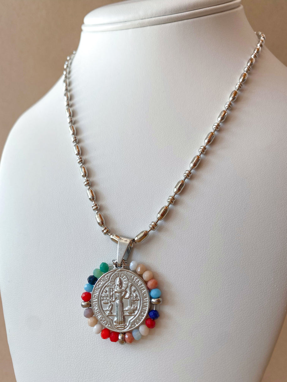 Silver St. Benedict Crystal Medal Necklaces