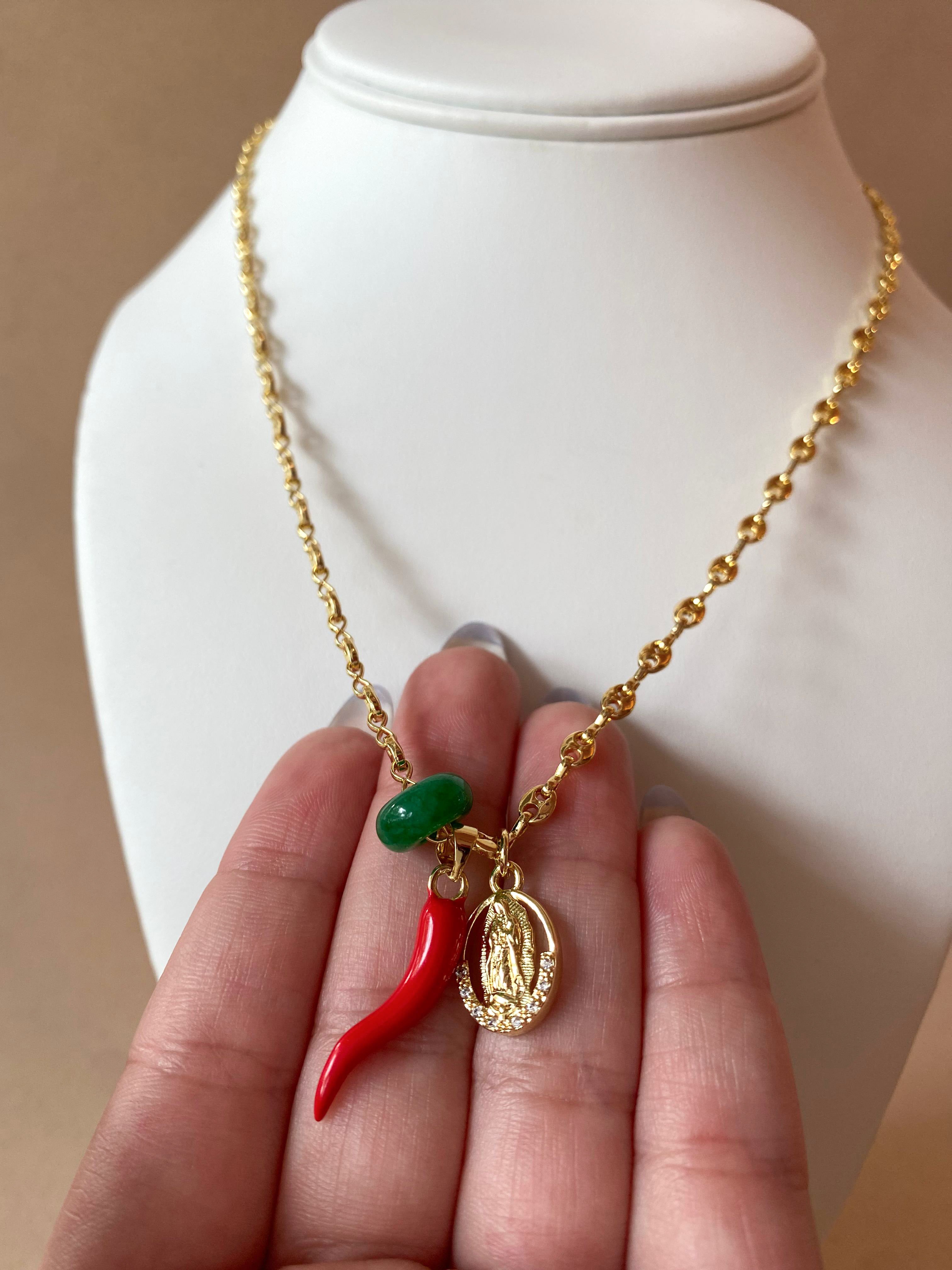 Guadalupe Virgin, Red Horn and Green Stone in Coffee Grain Necklace