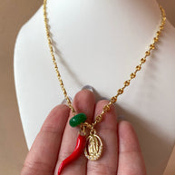 Guadalupe Virgin, Red Horn and Green Stone in Coffee Grain Necklace