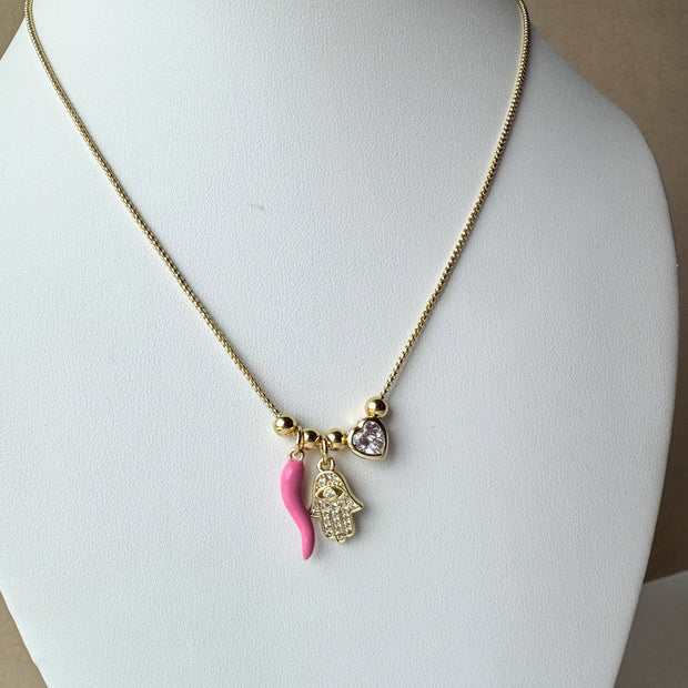 Pink Hamsa 🪬 Charms Necklace