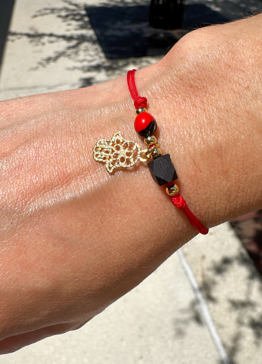 Red Azabache Bracelet with Hand Charm and Peony