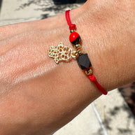 Red Azabache Bracelet with Hand Charm and Peony