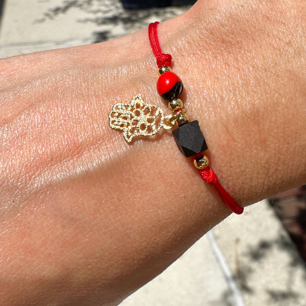 Red Azabache Bracelet with Hand Charm and Peony