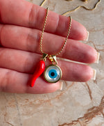 Load image into Gallery viewer, Cadenas Evil Eye + Cuernito + Horseshoe
