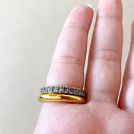 Double Golden and Blue Crystals Steel Ring
