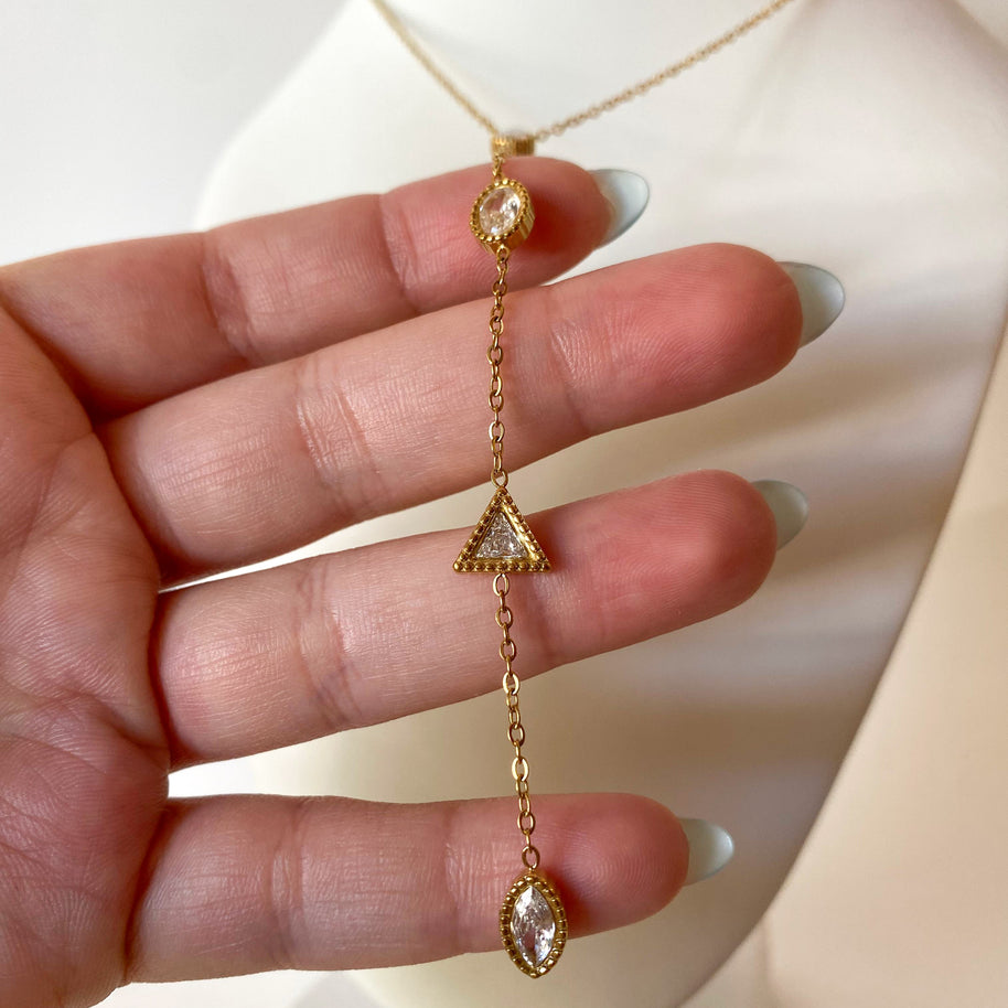 Gold Steel Long Y Drop Necklace with Zirconia