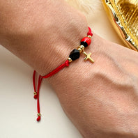 Red Azabache Bracelet Cross charm and Peony
