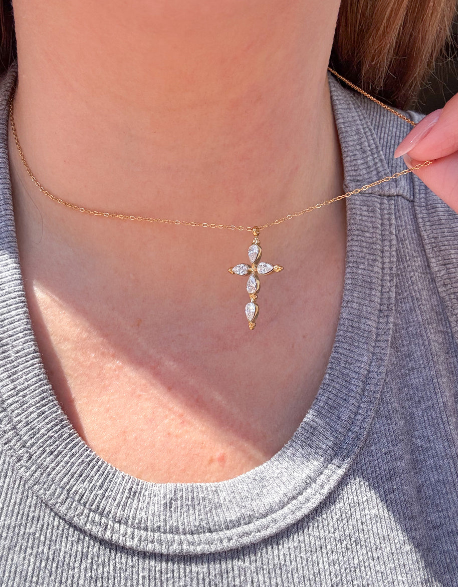 Golden Crystal Cross Steel Necklace